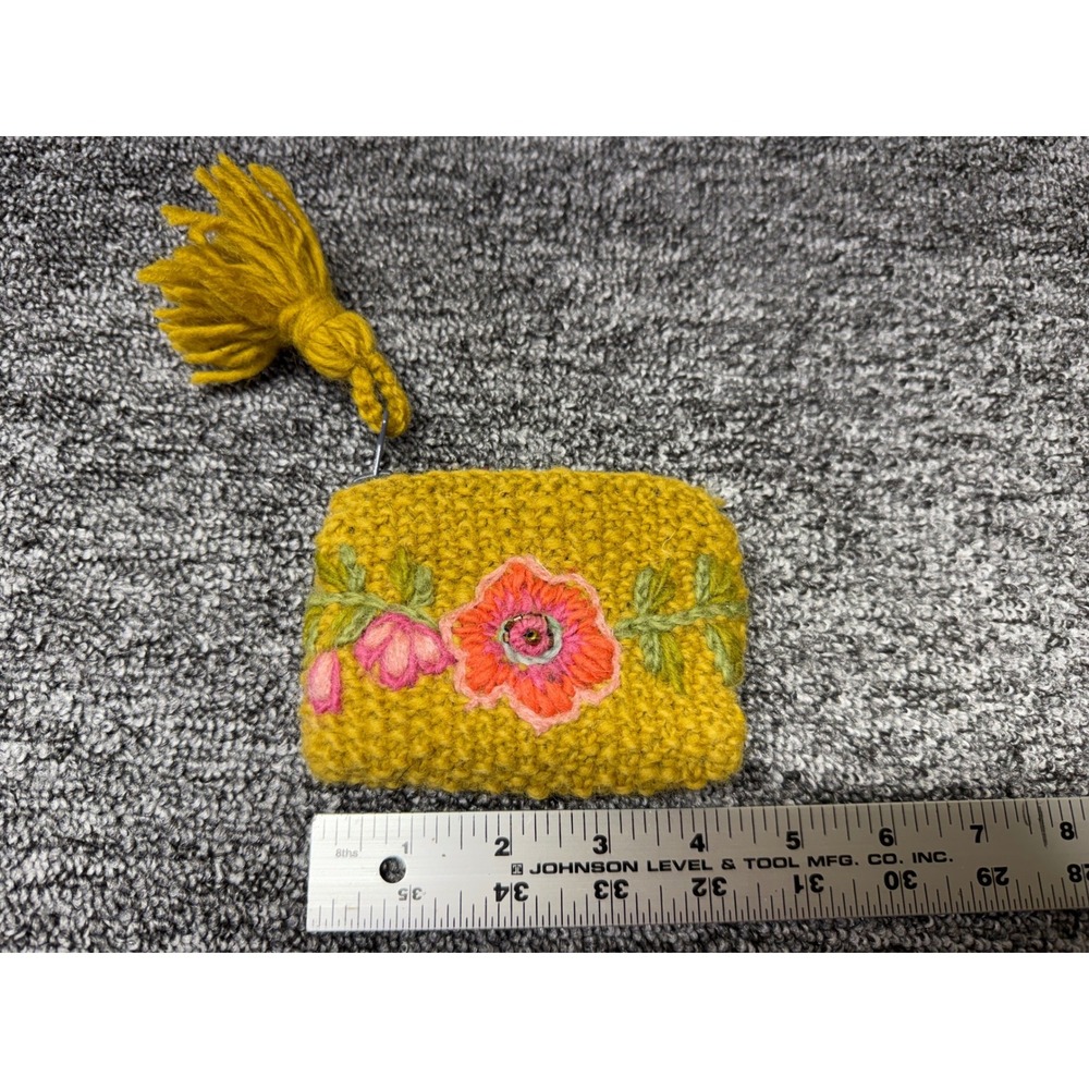 Handmade Wool Embroidered Floral Coin Purse Mustard Yellow Tassel Zipper Pouch